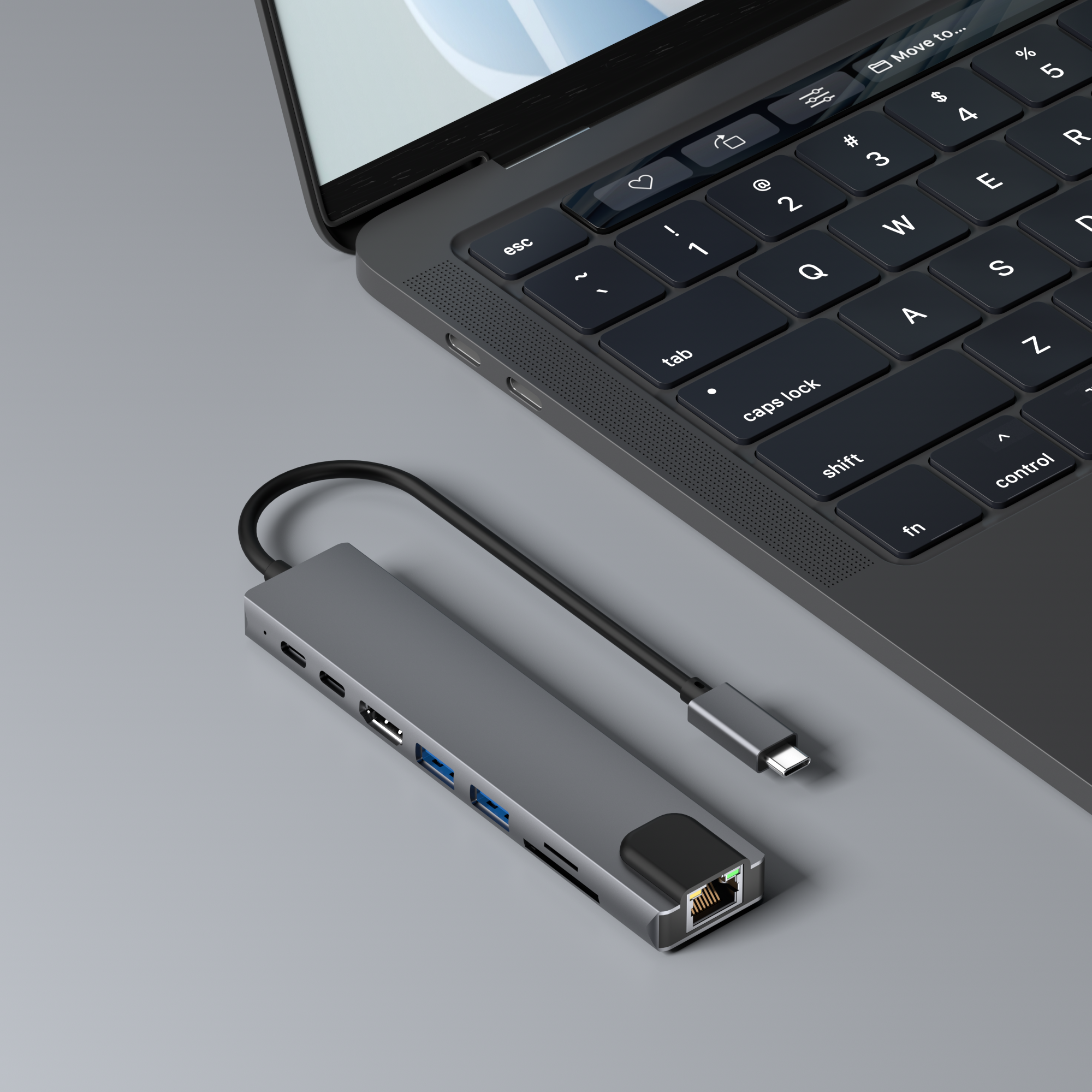 USB-C hub naast laptop
