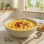 A bowl of creamy chicken chowder served on a light wooden table, filled with chunks of chicken, potato, carrot, and leek, topped with crispy bacon and fresh thyme. Steam rises gently, with a linen napkin and spoon placed beside the bowl in a bright, modern kitchen setting.