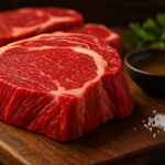 Raw grass-fed beef steak on a slate tray with labels highlighting omega-3 content and CLA health benefits