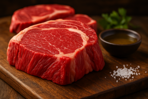 Raw grass-fed beef steak on a slate tray with labels highlighting omega-3 content and CLA health benefits