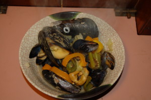 Thursday night mussel dinner, home-grown, Arabella's Special.