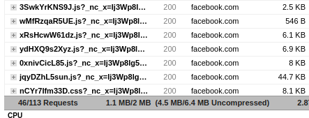 Stuk GTmetrix waterval waarin je ziet dat de helft van alle verzoeken en data naar facebook gaat