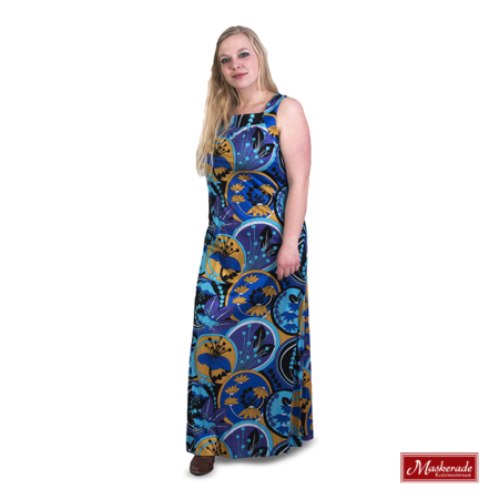 Lange blauwe hippie jurk met bloemenprint