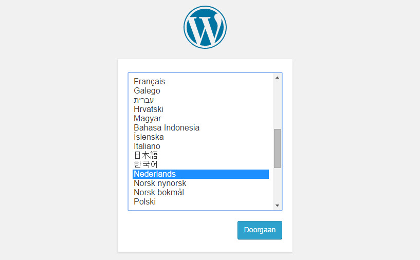 wordpress taal keuze bij installatie