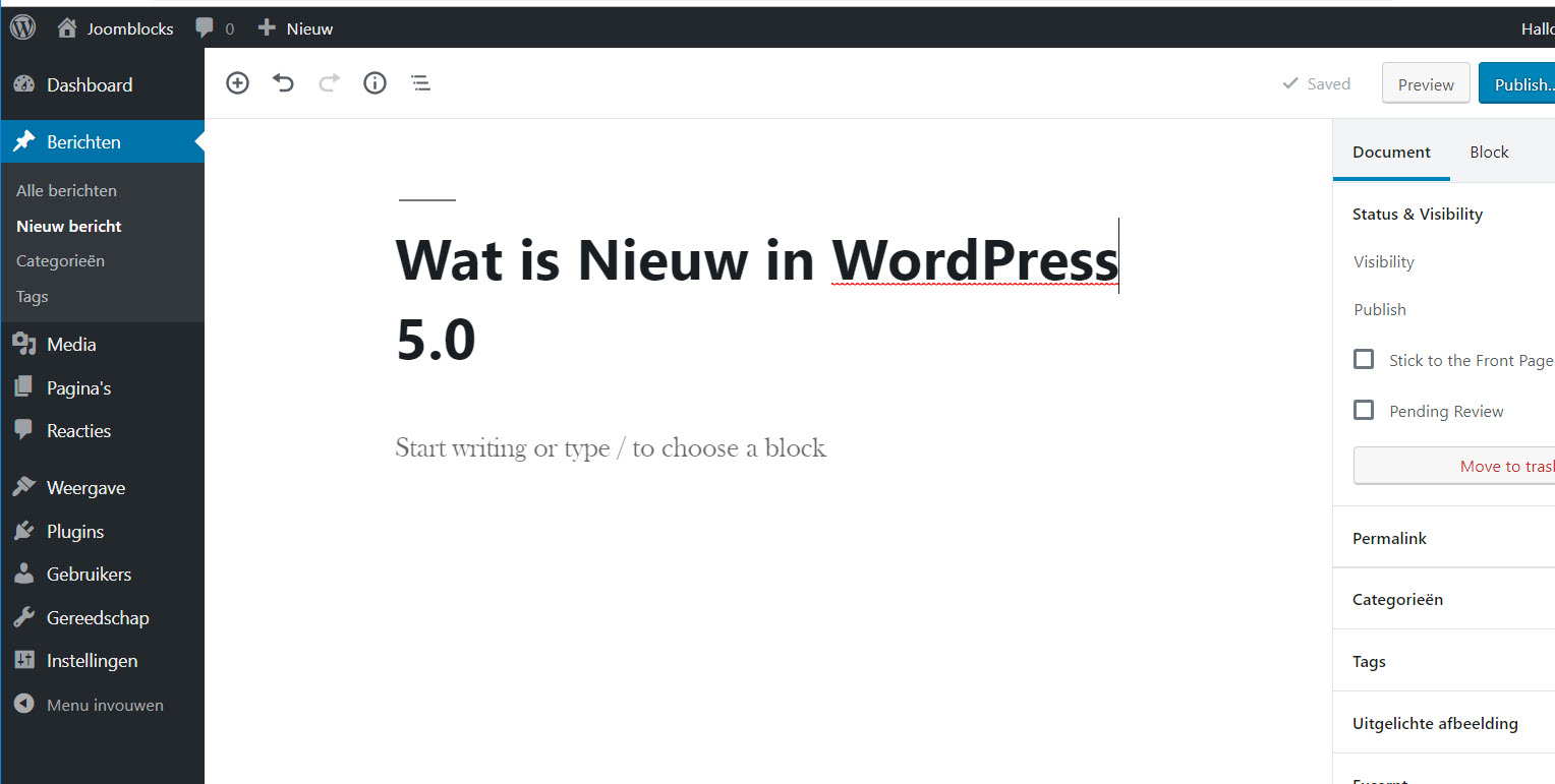 wordpress 5.0 nieuwe editor