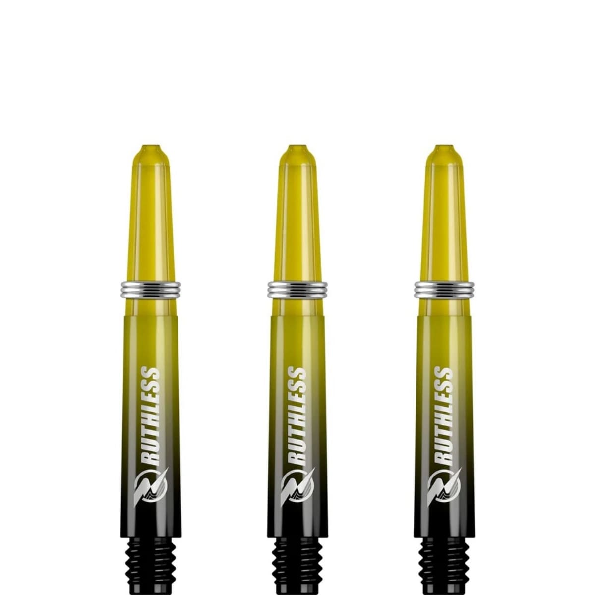 Korte gele Ruthless two tone deflectagrip dart shafts met shaft rings