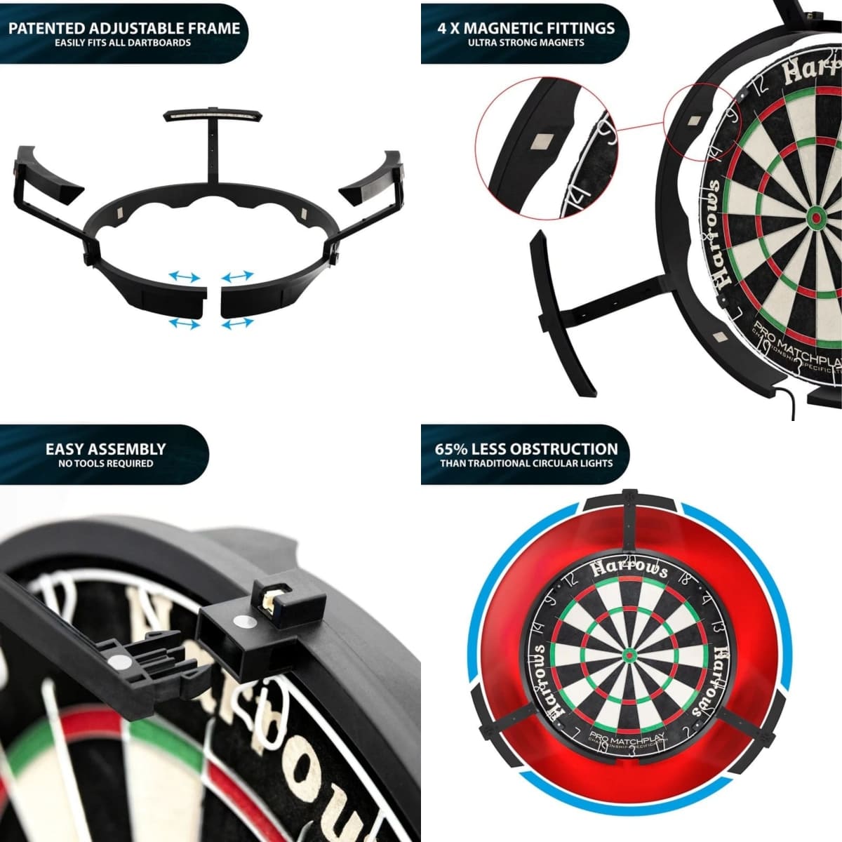 Eenvoudige montage van dartbord verlichting met een surround ring voor een professionele dartbaan