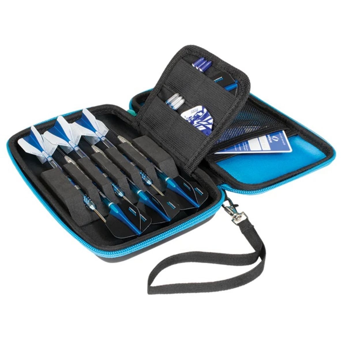 Een complete professionele dartset van Harrows veilig opgeborgen in een luxe dartcase voor maximale bescherming van flights en shafts.