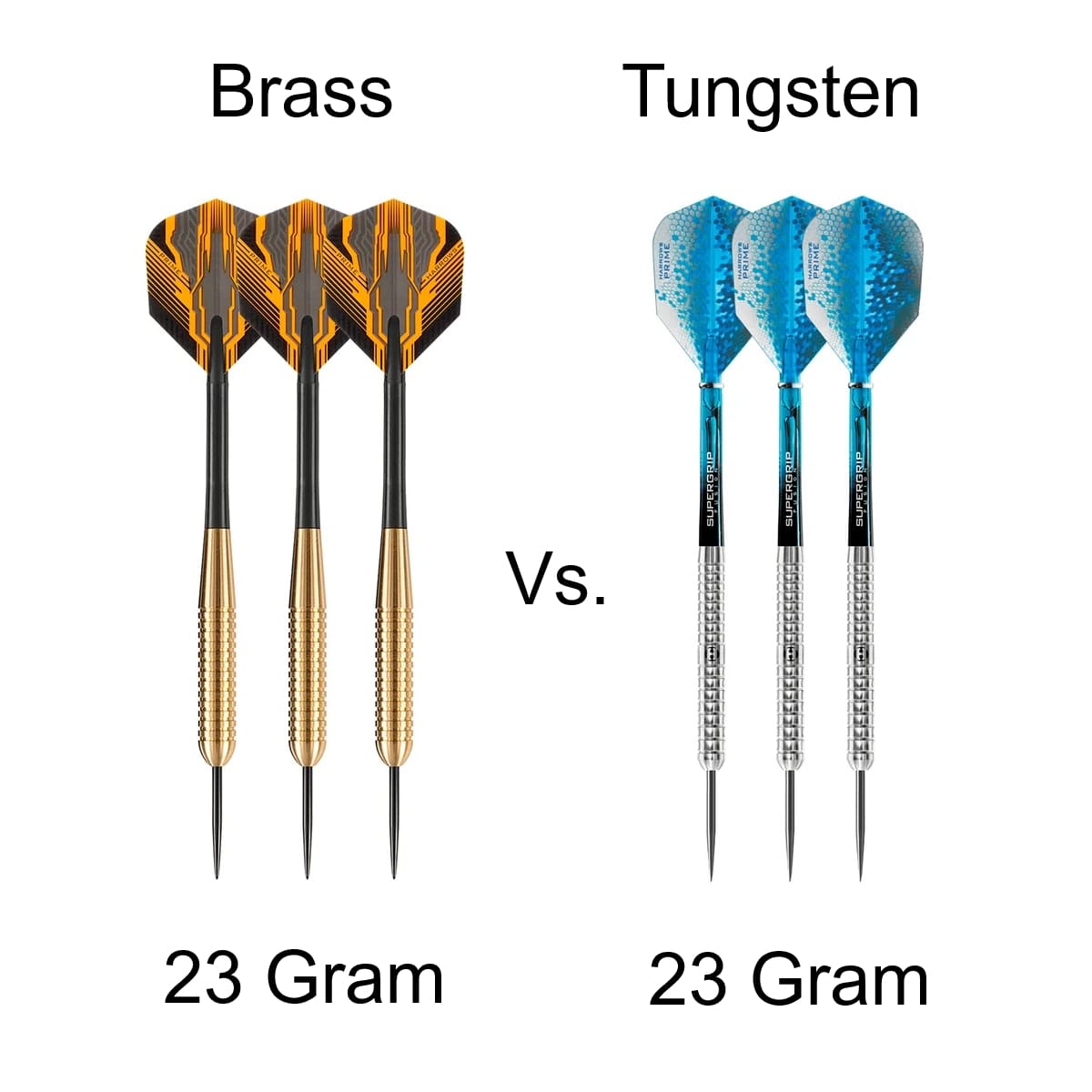 Visuele vergelijking tussen dikke brass dartpijlen en slanke professionele tungsten dartpijlen voor meer ruimte in de triple 20.