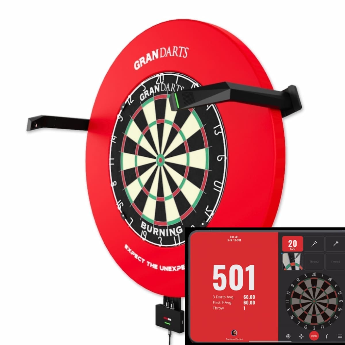 Geavanceerd auto-scoring systeem met camera's voor automatische dart score registratie op tablet.