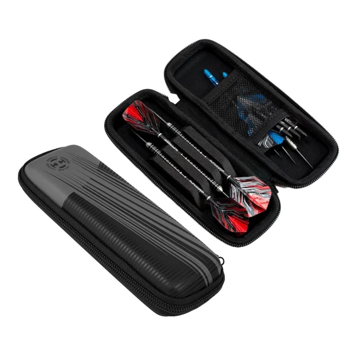 Stevige dart hardcase met EVA-bescherming waarin dartpijlen volledig gemonteerd met flights passen.