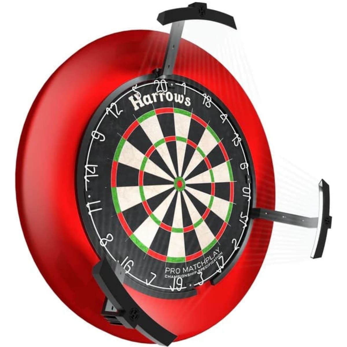 Dartbord verlichtingsring gemonteerd op een rode rubberen surround.