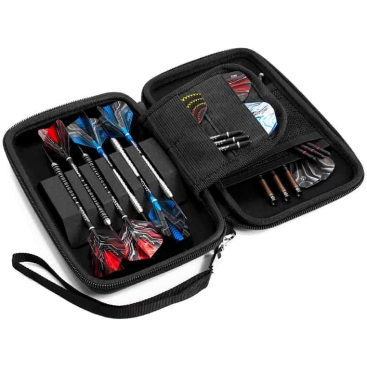 Harrows Blaze dart wallet geopend met tungsten dartpijlen, flights en shafts voor veilige opslag en transport.
